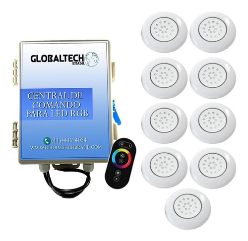 Kit 9 Led Piscina Abs Rgb 18w + Central + Controle Touch Ros