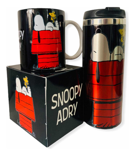 Termo + Taza De Snoopy Negro Personalizado