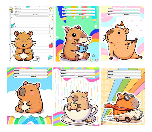 Asignaturas Carátulas Escolares Capibara Premium, 260 Grs Arcoiris Arcoíris