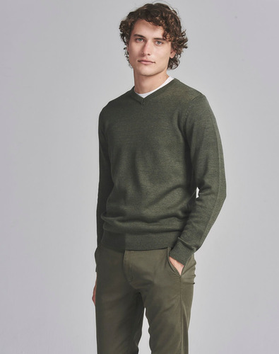 Sweater Nidda, Escote V, Hombre,algodón Verde Melange Equus