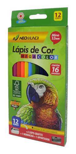 12 Lápis De Cor + 2 Lápis + Borracha + Apontador Neomundi