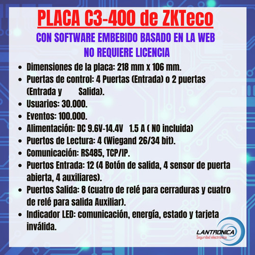 Imagen 2 de 9 de Placa C3-400 Control De Accesos Lector Rfid Zkteco 4 Puertas