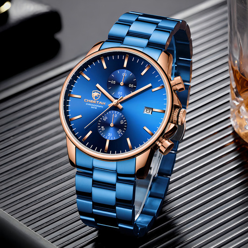 Reloj Cronógrafo De Cuarzo De Acero Inoxidable Para Hombre Fondo Oro Rosa/azul