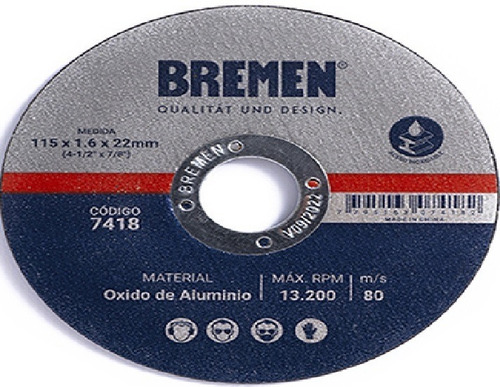 Disco De Corte Por Unidad De 4-1/2  X 1.6 X 22m Bremen 7418 
