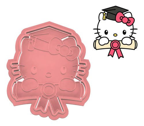 Cortador De Galletas Con Sello Kitty Graduacion 10 Cm Rosa