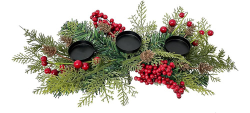 Portavelas De Navidad Con Aros, Bayas Y Conos De Pino