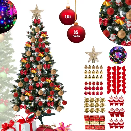 Kit Decoração Vermelho com Dourado para Árvore de Natal 150cm - 01