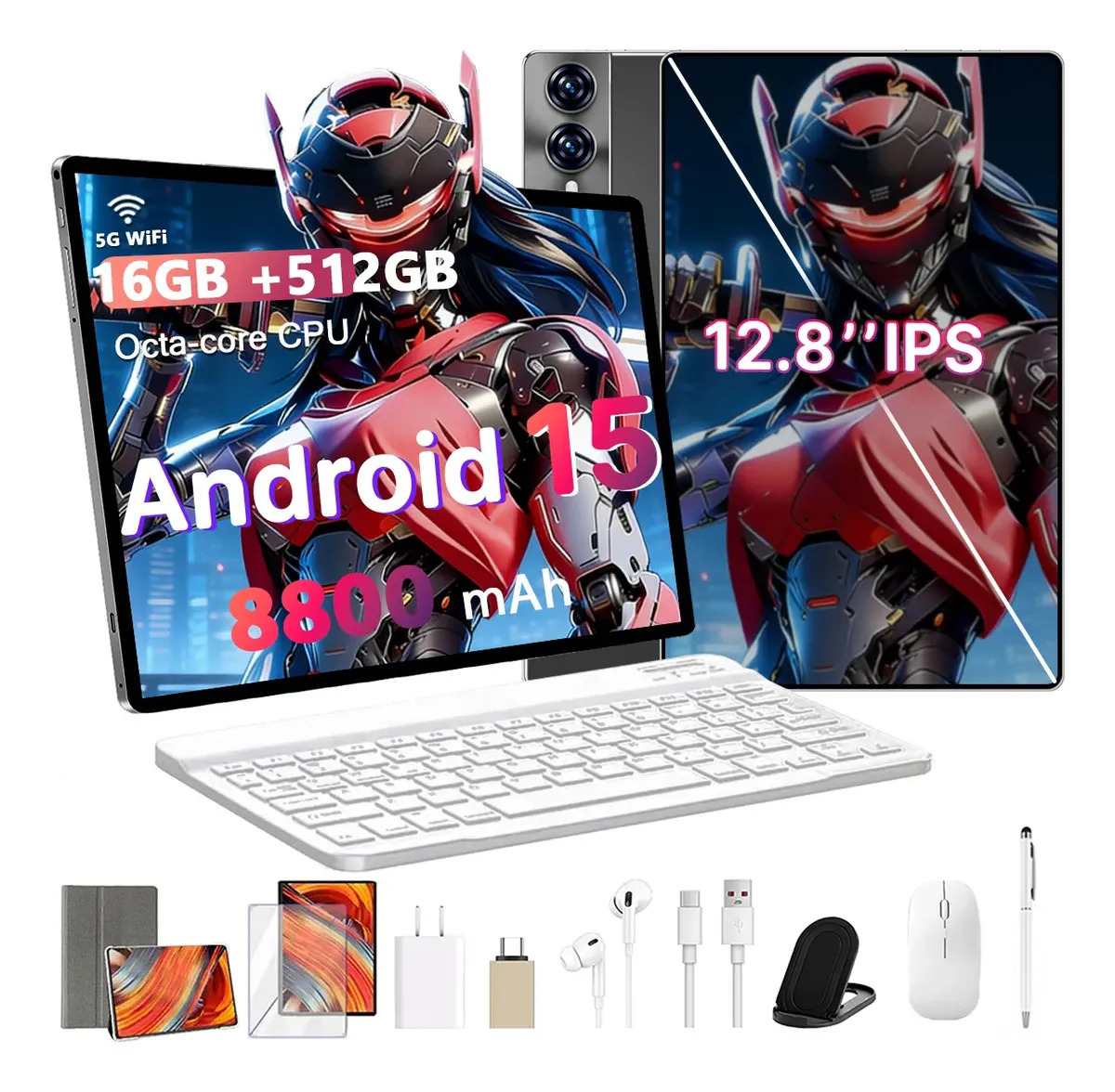 Tablet Android 15 Tab Kit Completo 12,8'' Full Hd 16gb Ram + 512gb Octa-Core Wifi 2.4/4g/5g Dual Sim Bateria 8800mah 24mp/48mp Com Chip Caneta+teclado E Mouse Para Estudos E Trabalho 2 Em 1 Preto