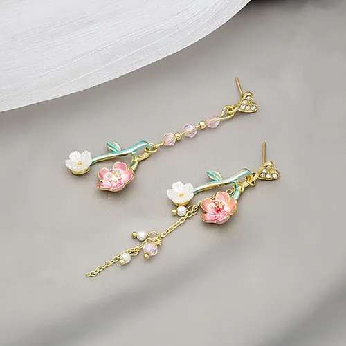 Ay 1par Pendientes Japoneses Largos Con Borlas Con Flores