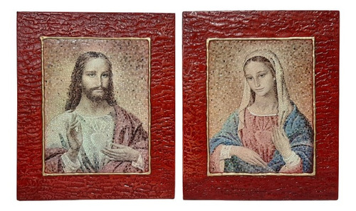 Cuadro Corazón De Jesús Y María - Estucado-2 Piezas 24x30 Cm