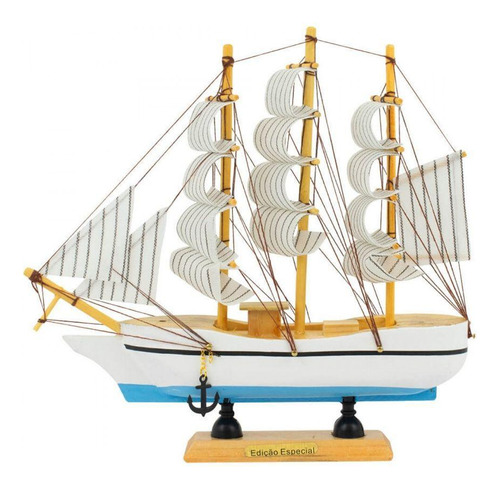 Miniatura Barco Navio Veleiro Madeira Base Azul 21x4x21cm B