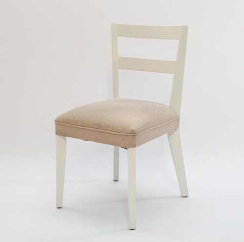 Silla Baja - Laca Blanca - Tela Beige Rustica Con Rayas