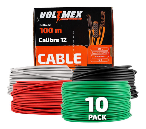 Pack 10 Cajas Cable Electrico Calibre 12 Con 100 Metros