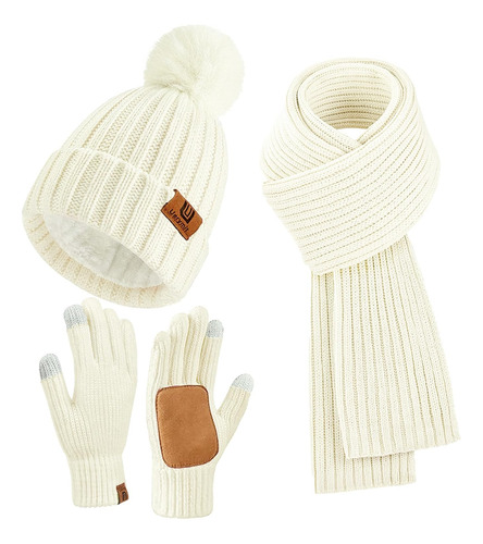 Set Invierno, Gorro, Bufanda Y Guantes Táctiles (blanco)
