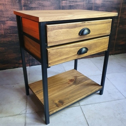Imagen 4 de 6 de Mesa De Luz Con 2 Cajones Industrial Madera Hierro