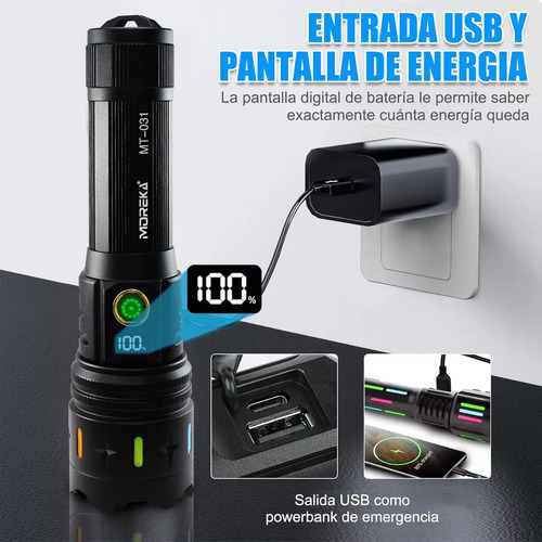 Linterna Táctica Recargable Led De Doble Fuente De Luz Mt-031, Potente, Puede Cambiar Entre Luz Blanca Y Luz Cálida (2 Luces De Color)