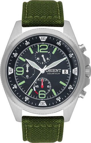 Relógio Orient Masculino Solartech Cronógrafo Aço Militar Cor da correia Verde Cor do bisel Prata Cor do fundo Preto