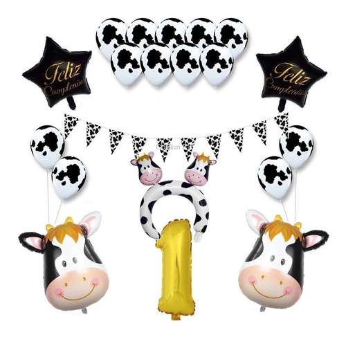 Set Globos Vaca  Numero Vincha  Banderin Manchas Vaca