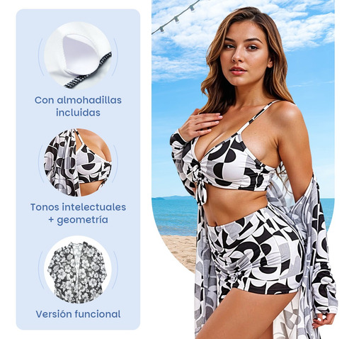 3 Piezas Juego De Traje De Baño Bikini Para Mujer Con Abrigo