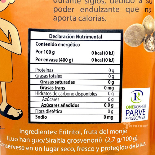 Imagen 2 de 7 de Fruta Del Monje Sustituto De Azúcar 400 Gr 2 Sobres