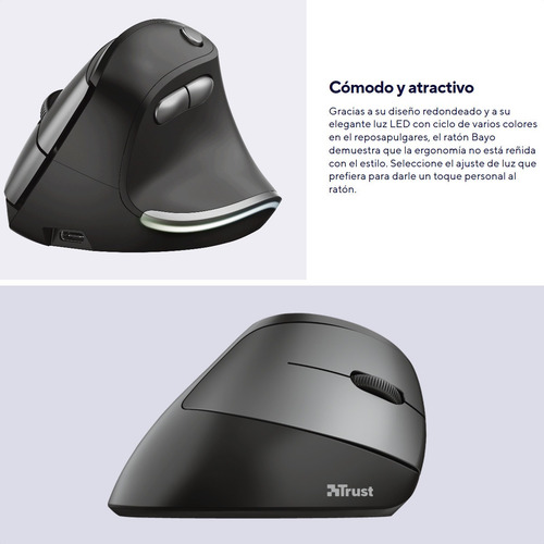 Imagen 4 de 10 de Mouse Vertical Ergonómico Inalámbrico Recargable Trust Bayo