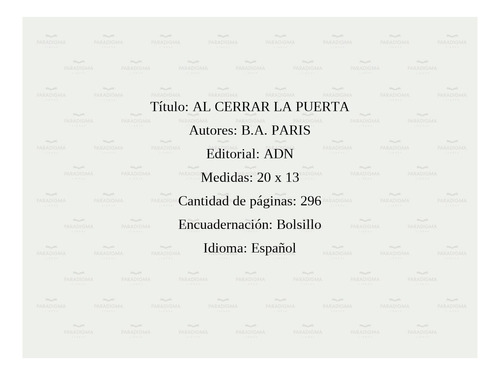 Al Cerrar La Puerta - B A Paris - Alianza De Novelas - Libro