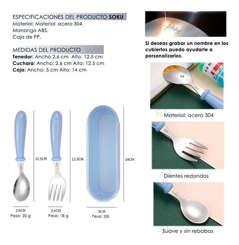 Soku Tenedor Cuchara Niños P/ Lonche Cubiertos Personalizado Color Celeste