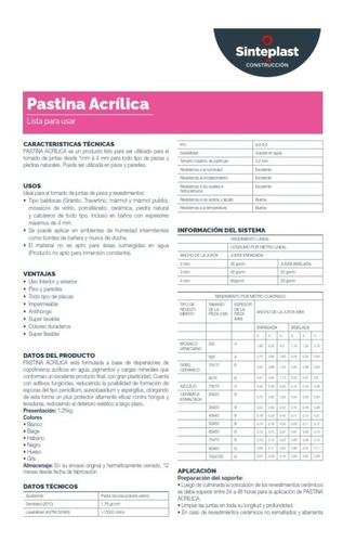 Imagen 3 de 4 de Pastina Acrilica Sinteplast Lista Para Usar X 1,25kg Colores