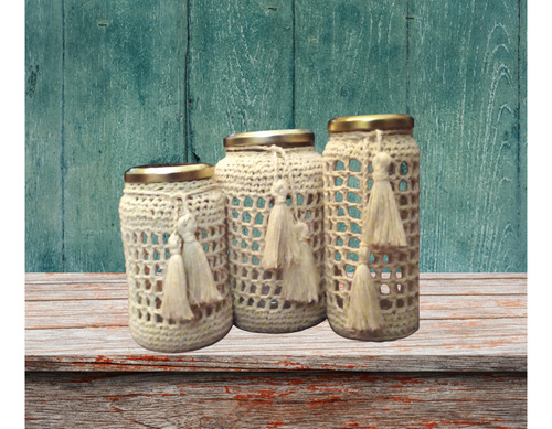 Frascos Decorados Tejidos Crochet Set De Tres