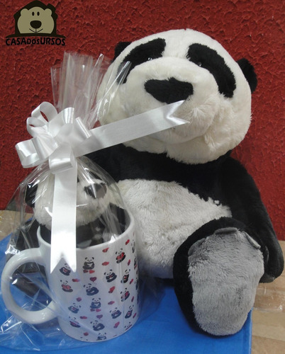 Caneca Romântica De Porcelana + Urso Panda 35cm + Urso 15m