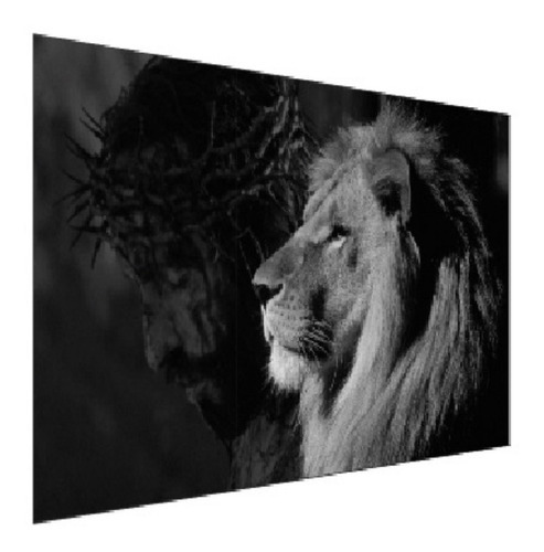 Quadro Decorativo Mosaico 120x60cm Leão E Jesus Preto Branco Cor Imagem