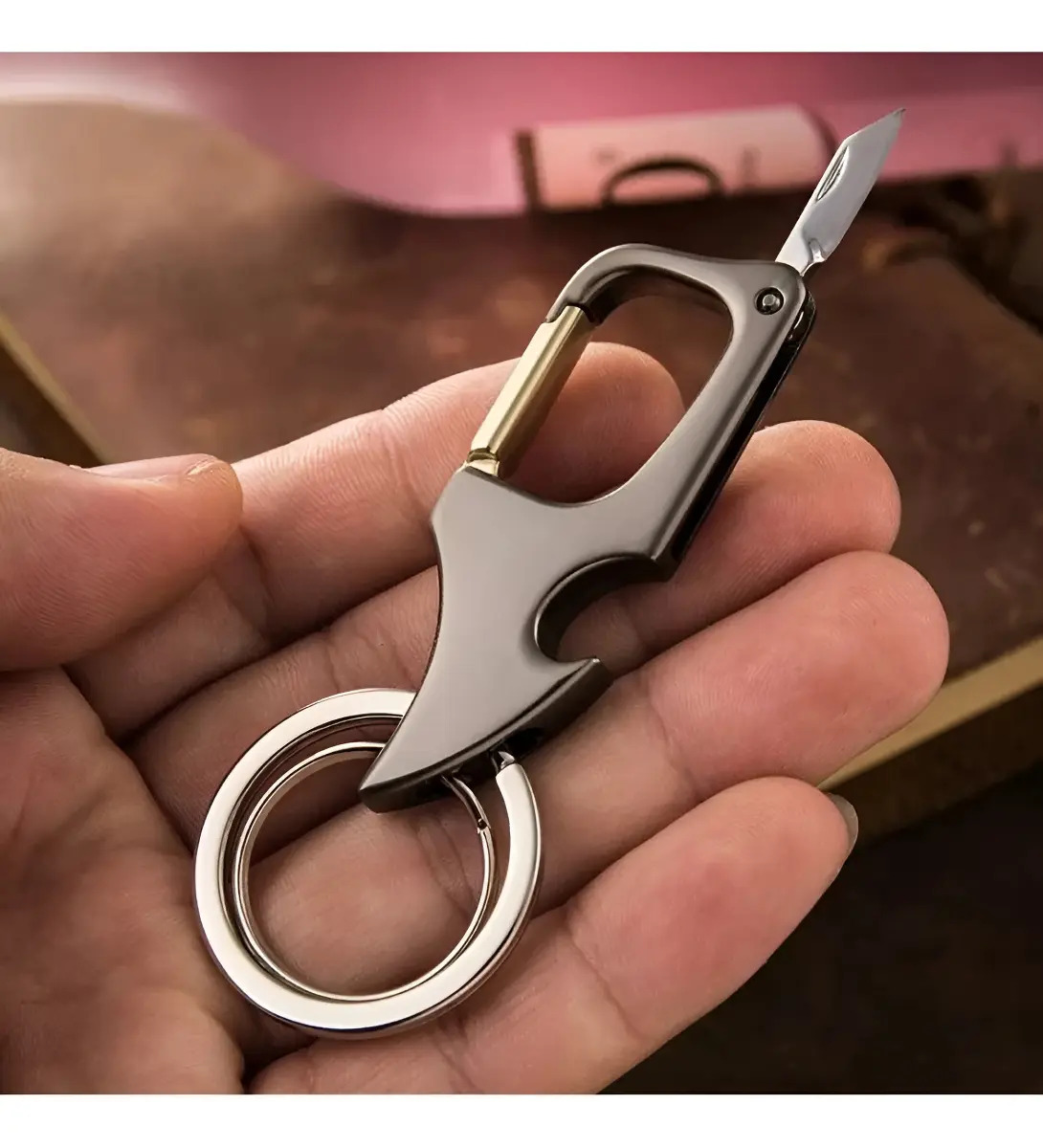 Chaveiro Luxo Mosquetão Knif Blk Metal Com Faca Para Carro Moto Casa