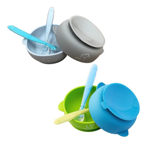 Set De 4 Platos De Silicón Y 4 Cucharas Multicolor  Papubaby Color Mix Niño Bowl con succion