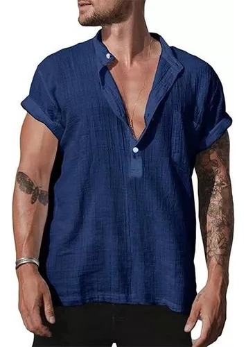 Camiseta De Hombre Con Cuello En V De Algodón Y Lino Jo