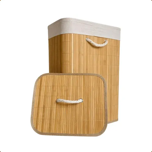 Cesto De Roupas Sujas De  Bambu Grande 72 Litros Retangular Caixa Organizadora De Bambu Natural Com Forro De Linho Para Organizar Banheiro Brinquedo Decorativo