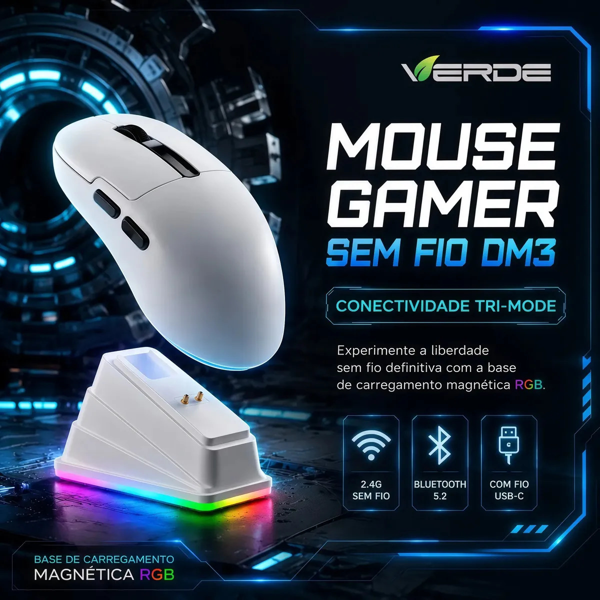 Mouse Gamer Marca:Verde Sem Fio DM3 Tri-Modo 2.4G Bluetooth USB-C, Base de Carregamento Magnética RGB, Sensor Óptico 6400DPI, Taxa de Retorno 1000Hz Ultraleve Compatível com PC Notebook Tablet