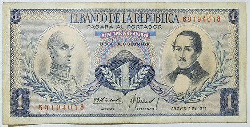 Billete 1 Peso 07/ago/1971 Colombia Vf