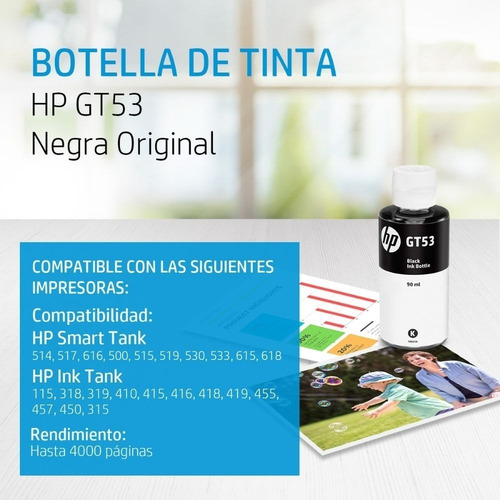 Imagen 2 de 10 de Botella De Tinta Hp Gt53 Negro 90 Ml Reemplazo Gt51 Original