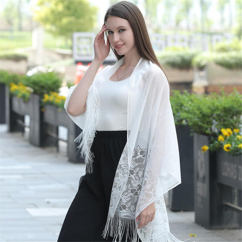 Chal De Encaje Con Flecos Elegante Rebozo Bufanda Para Mujer Blanco Unico