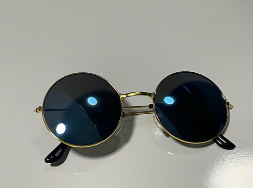 Gafas Woodstock Beats Jimmy Hendrix Rock Look con montura redonda, color varilla dorada, lente dorada, color azul espejo