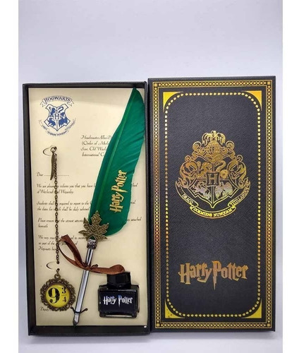 Pluma Verde Esmeralda Harry Potter Con Tinta Y Colgante
