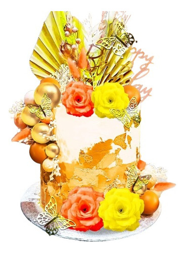 Cake Topper Diseño Floral Con Mariposas Y Esferas Amarillo