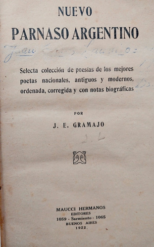 Nuevo Parnaso Argentino 1922 Gramajo Poetas Nacionales