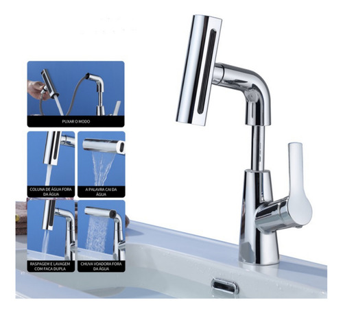 2025 Torneira De Cozinha E Banheiro Monocomando Flexível 4 Modos Misturador Aço Inoxidável 304 Brilhante - Gourmet C/ Base Giratória E Saída Cascata | Pia/bancada +60cm Tubo Dorofox