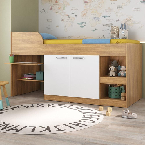 Cama Solteiro Multifuncional para Colchão 188 x 78cm com 2 Portas e Escrivaninha Multimóveis MP4230 Rustic/branco