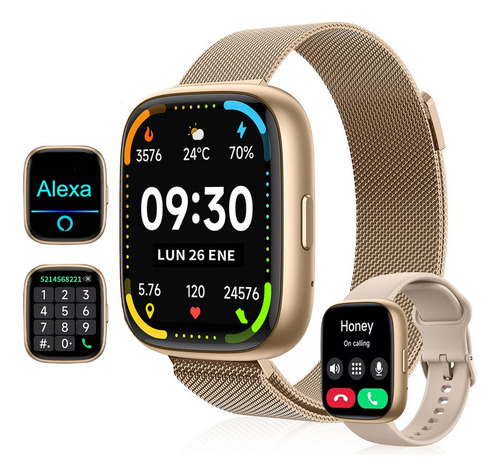 Relógio inteligente Mertto Smartwatch Alexa Bluetooth Call 1,83 polegadas Idw26 pulseira de malha magnética cor dourada Ip68
