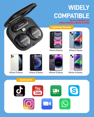 Maono Microfono Inalambrico de Solapa para iPhone, Microfono Lavalier para Celular con Cancelacion Ruido, Microfono Lightning con Batería 36H para Vlog, Streaming, Tiktok, WM620 PB2