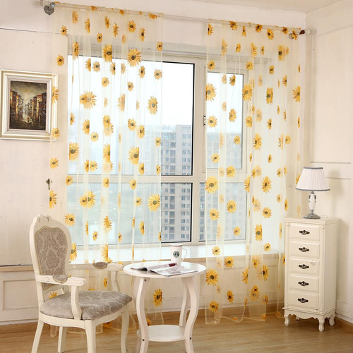 Cortina De Tul Con Estampado De Girasoles Para Ventanas Y Pu