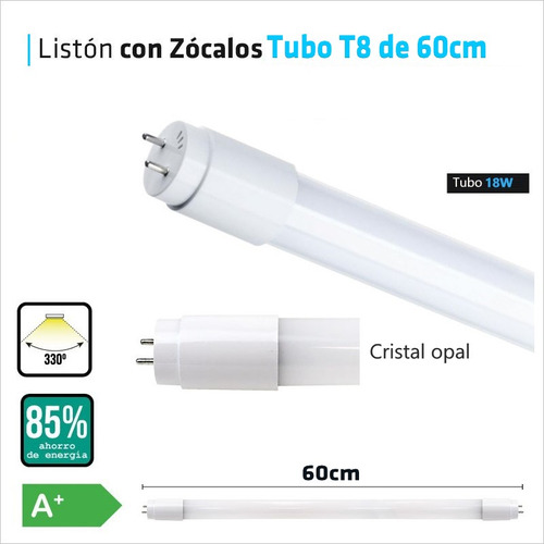 Lampara Liston G13 + Tubo Led T8 9w 60 Cm Cálido Frio Neutro Blanco