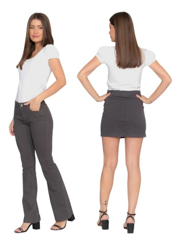 Imagem 4 de 7 de Kit 2 Pçs Calça Flare Em Sarja Lycra E Saia Feminina Bolsos